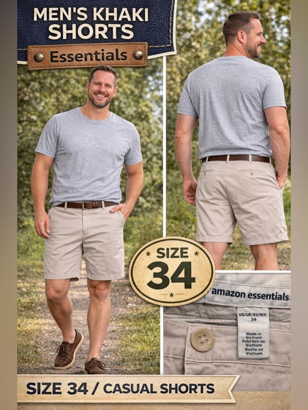 Amazon Essentials Men's Flat Front Chino Shorts - Cream size 34